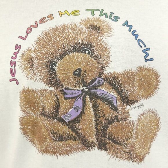 Christian T Shirt Vintage 90s Jesus Loves Me This Much Made In USA Mens Small - Picture 2 of 7